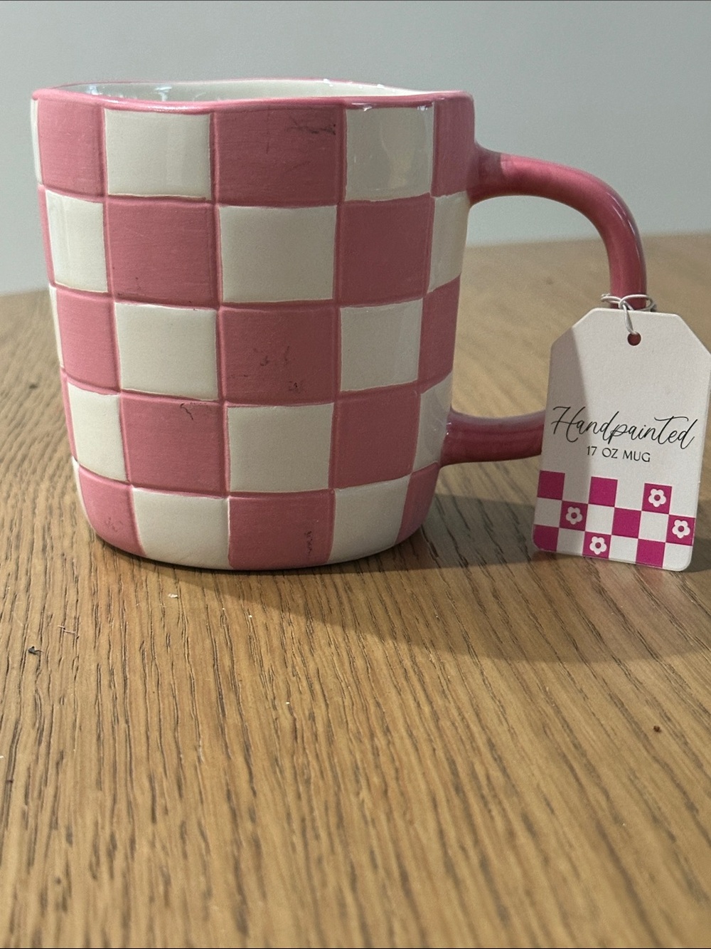 Handpainted Pink and White Checker Ceramic Mug - 17 oz